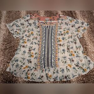 Lucky Brand Floral Boho Print Ruffle Hem Blouse 1X XL